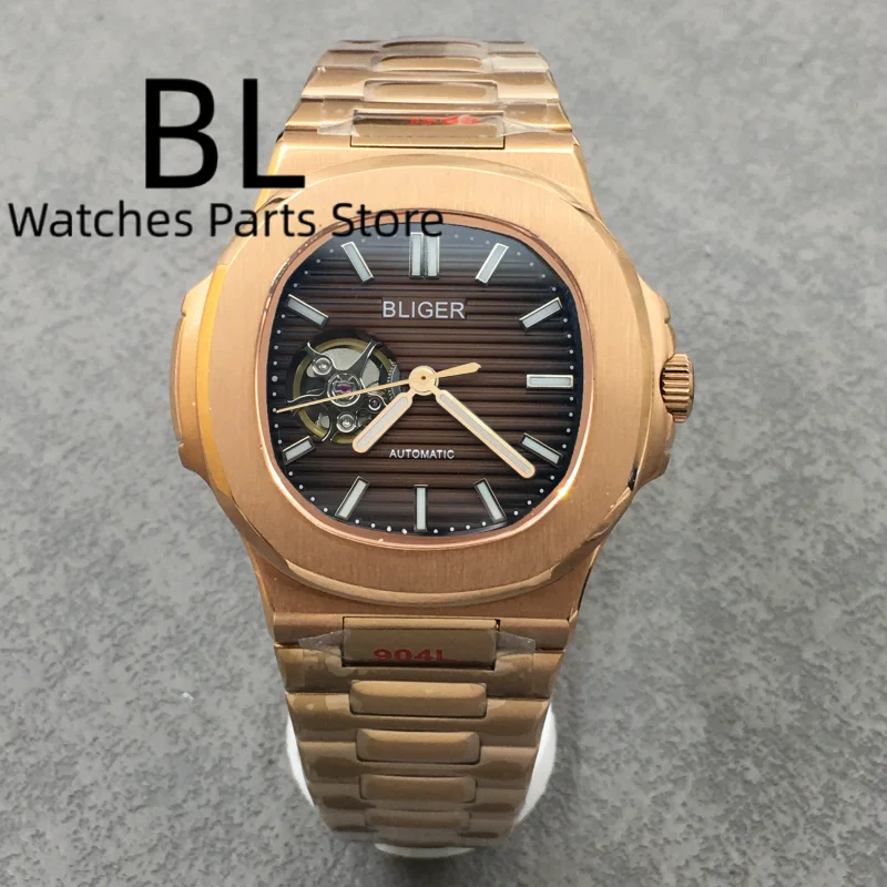 

BLIGER 40 мм квадратный розовое золото NH38 механизм автоматические механические часы для мужчин с сапфировым стеклом коричневый циферблат ремешки из нержавеющей стали