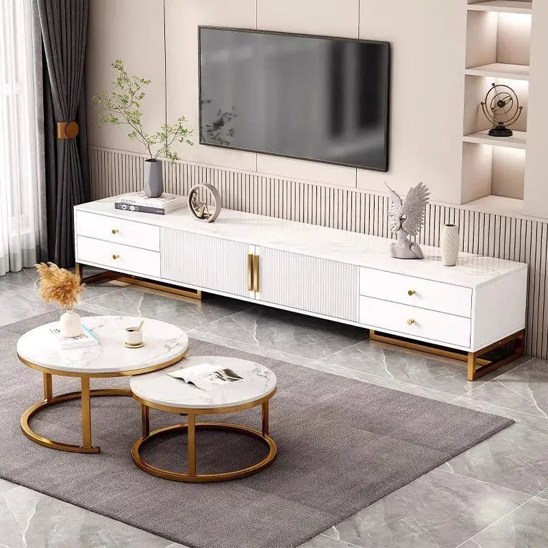 

Modern luxury good quality factory price round coffee table square tv stand set with drawers with metal legs for sale