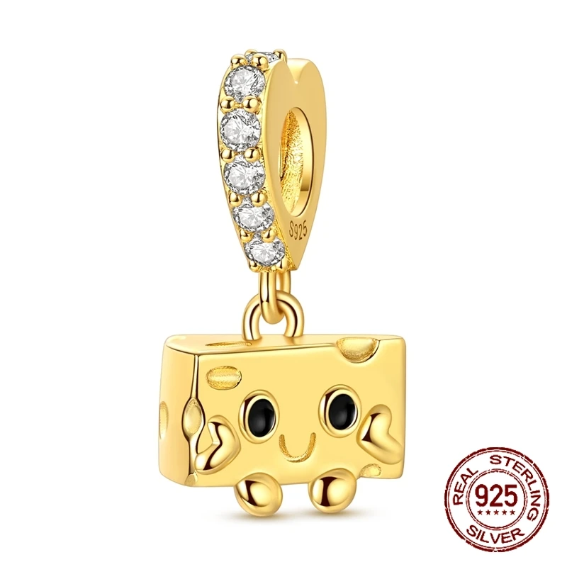 

925 Sterling Silver Adorable Little Cheese Character Pendant Gold Charm Fit Original Charm Bracelets Women DIY Jewelry Gift