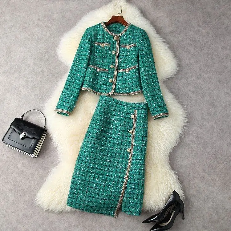 Women Elegant Vintage Tweed Fragrant Suit Jacke Coat Top And Skirt Two Piece Set Green Outfit Winter Jacquard Party Clothing