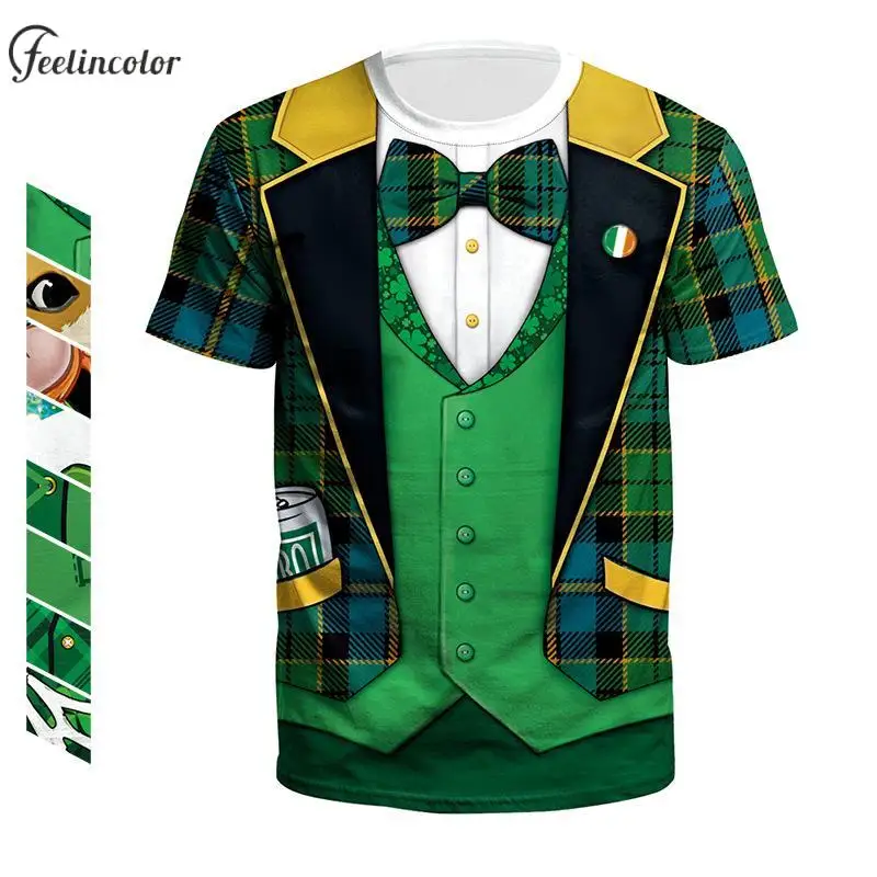 

Green Suit Print T-Shirts for Men St. Patrick's Day Graphic Tees Lucky Irish Clover Tops Fake Two Pieces Unisex Clothing