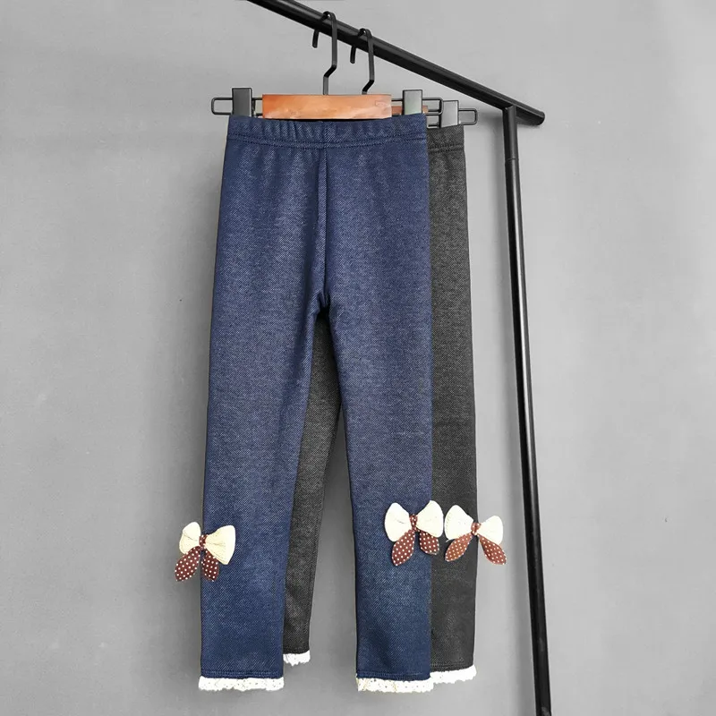 Imitation Denim Kids Girls Pant Plus Velvet Warm Lace Bow Children\'s Trousers for Autumn Winter