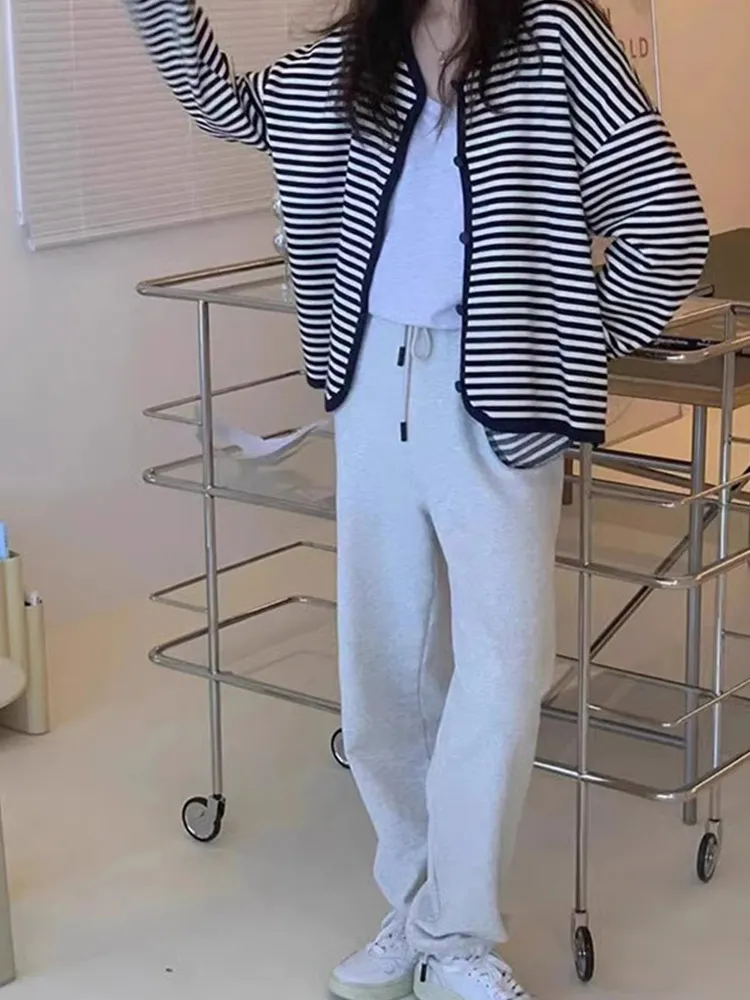 ストライプニットカジュアルロングスリーブレディースカーディガンファッショナブル通勤スレ韓国版エイジルレジャーアウターウェア