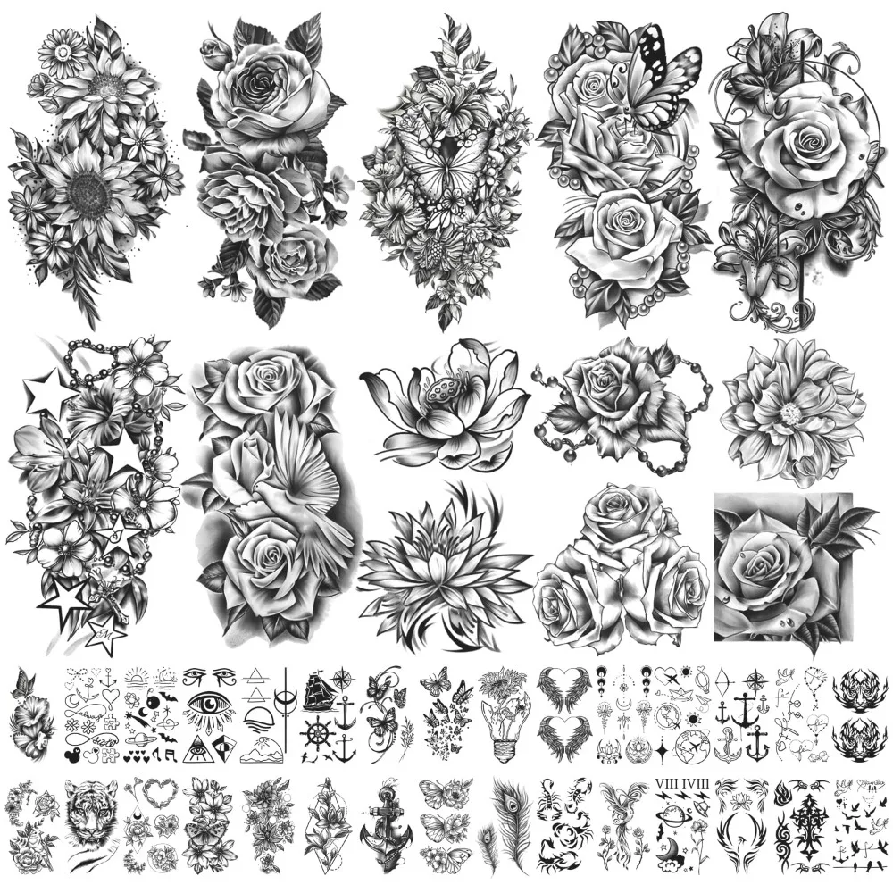 

Waterproof Temporary Tattoo Flower Rose Butterfly Fake Tattoo Mixed Style Long-lasting Body Art Tattoo Stickers