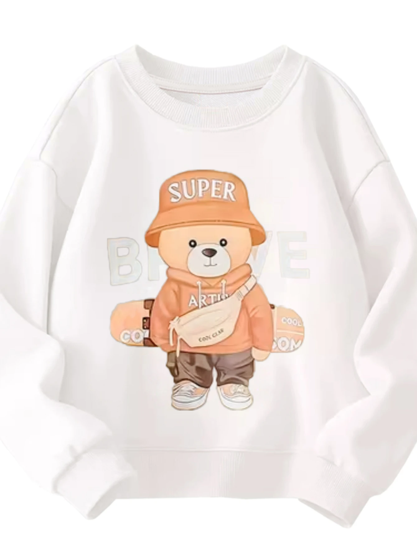 

Детская толстовка с круглым вырезом, уличная одежда Super Skater Bear, скейт с шляпой-ведром, крутой белый пуловер с рисунком для активных детей