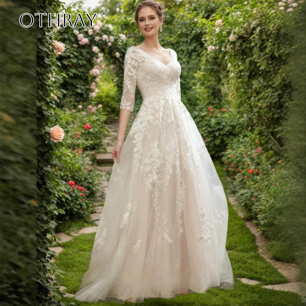 V-neck Appliques Half Sleeves A-line Bridal Wedding Gowns Backless Tulle Sweep Train Customized свадебное платье