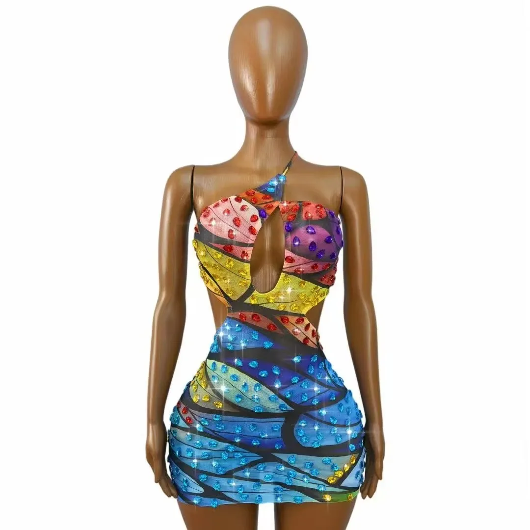 Women Sexy Slim Mini Dress Sparkly Colorful Rhinestones Off-Shoulder Backless Bodycon Nightclub Party Vacation Singer Stage Wear