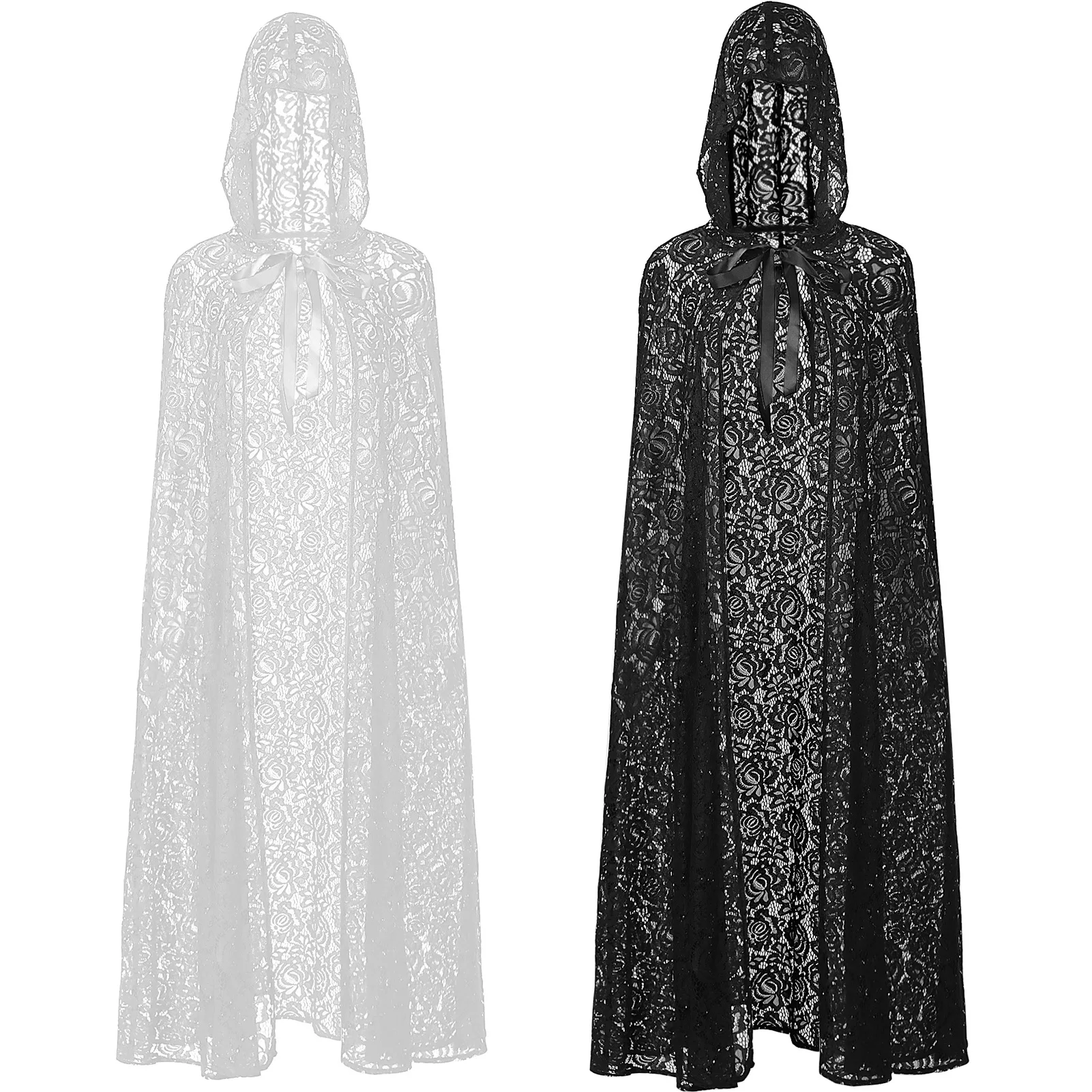 Women Sexy Medieval Black Gohtic Queen Floral Cape Black Lace Cloak Bride Shawl Halloween Stage Performance Costume