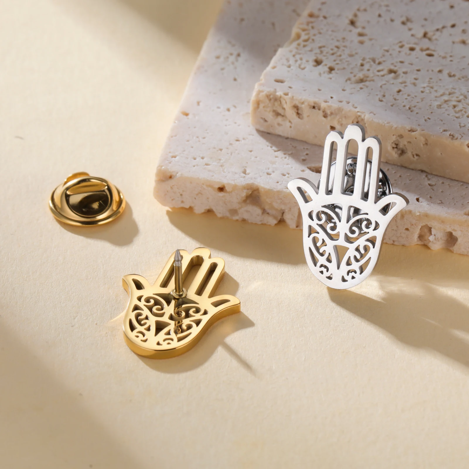 Trend Hollow Hamsa Fatima Hand Metal Pins Stainless Steel Brooch Women Men Suit Backpack Badge Accessories Lucky Jewelry Gifts