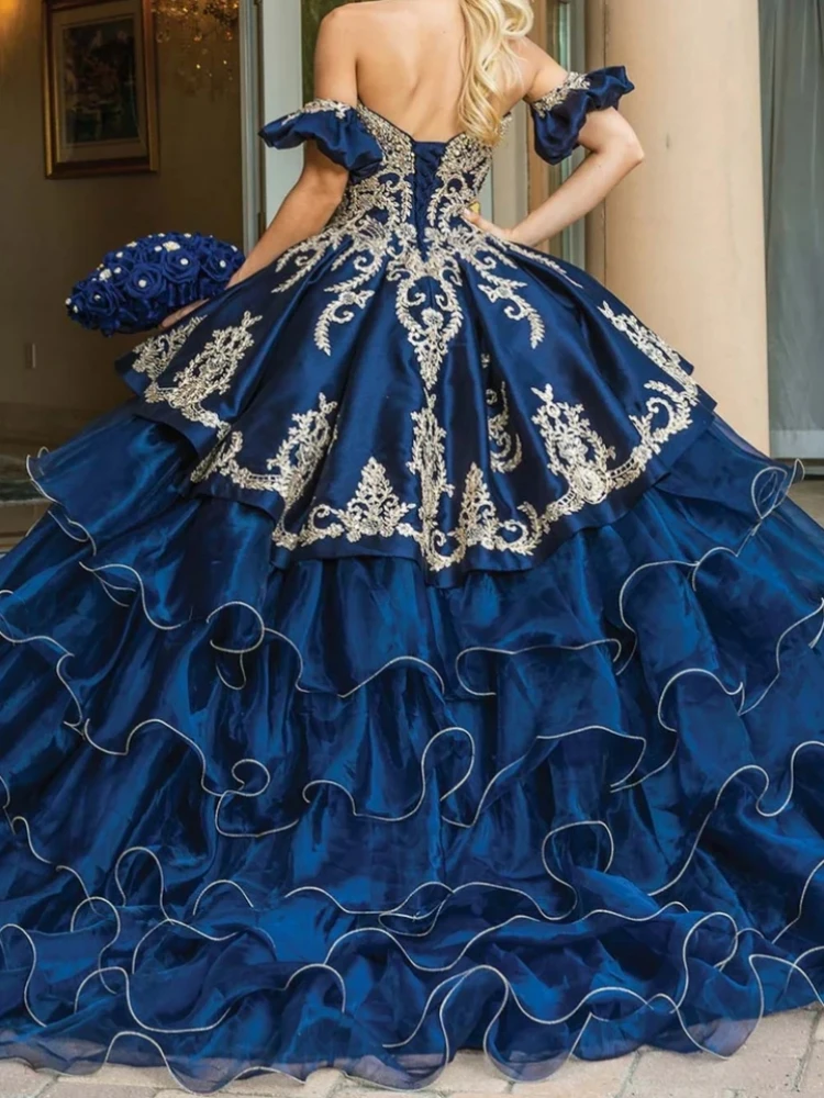 Navy Blue Mexican Women Prom Dancing Queen Dresses Lace Applique Tiered Skirt Sweet 14 15 Girl Birthday Party Quinceanera Dress