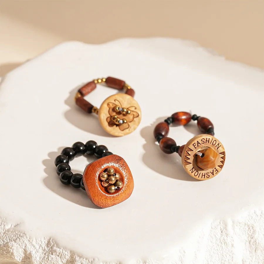 Vintage Wooden Rings for Men Women Butterfly Square Round Shape Elastic Rings Knuckle Joint Ring Ladies Fashion Finger Jewelry - Image 3