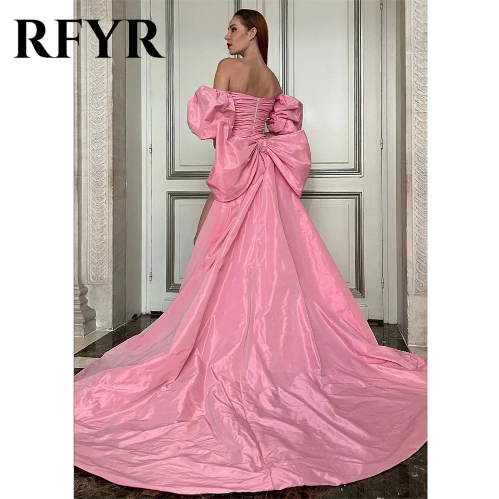 RFYR Chic Pink P فساتين سهره Pleated High Low Prom Dress With Detachable Train Big Bow Details Strapless Mini Evening Dresses