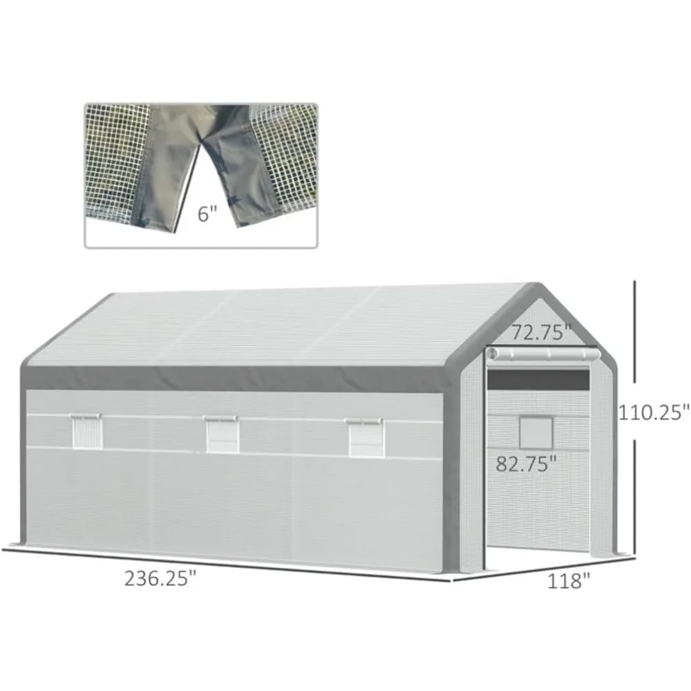 20' x10' x 9' Walk-in Greenhouse with Roll Up Door with 8 Closeable Windows，Outdoor Gardening Canopy，White