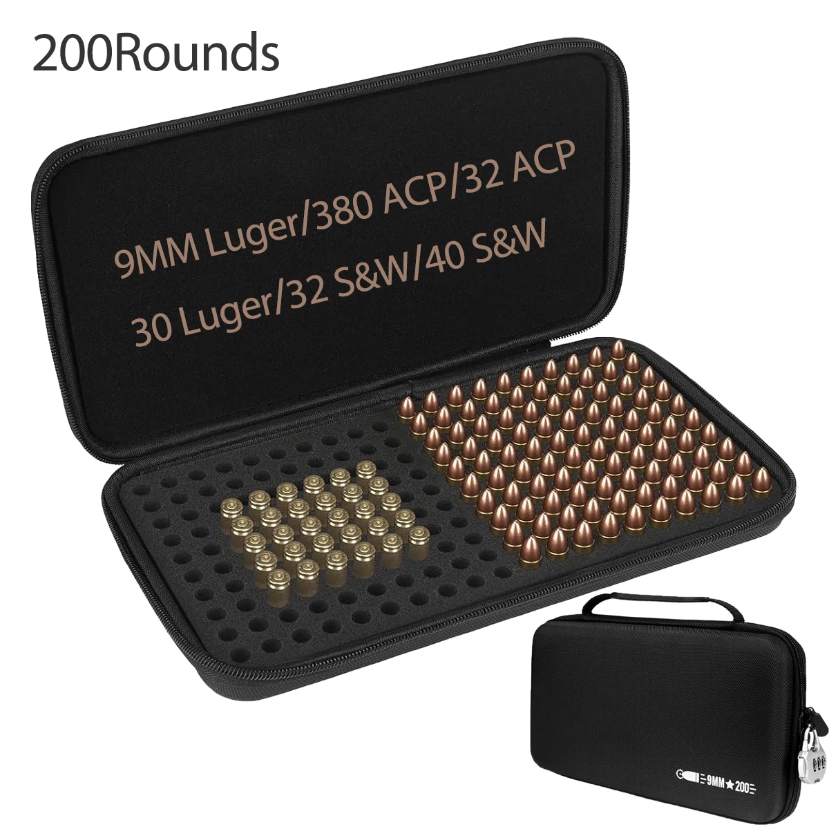 Estuche para municiones de 200 rondas y 9mm, caja táctica para almacenamiento de municiones, estuche para balas, estuche de transporte para cartuchos, bolso para munición de 9mm, 32/40S y W 380/32ACP 30 Luger
