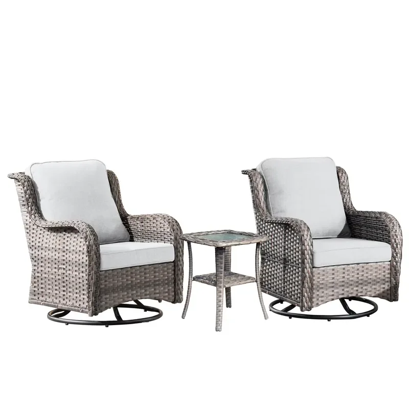 Wholesale Modern 3 Pieces Garden Patio Outdoor Furniture Sofa Swivel Function Artificial Rattan Accent Chair Glass and Table
