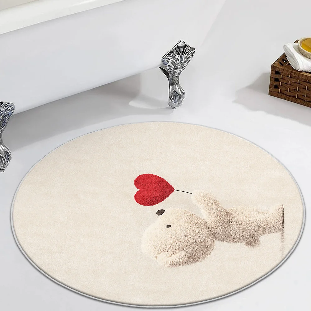 Cute Plush Bath Mat Round Absorbent Bathroom Rug for Kids and Adults Cozy Pet Bear Heart Decoration Non-slip Spa Mat Matry