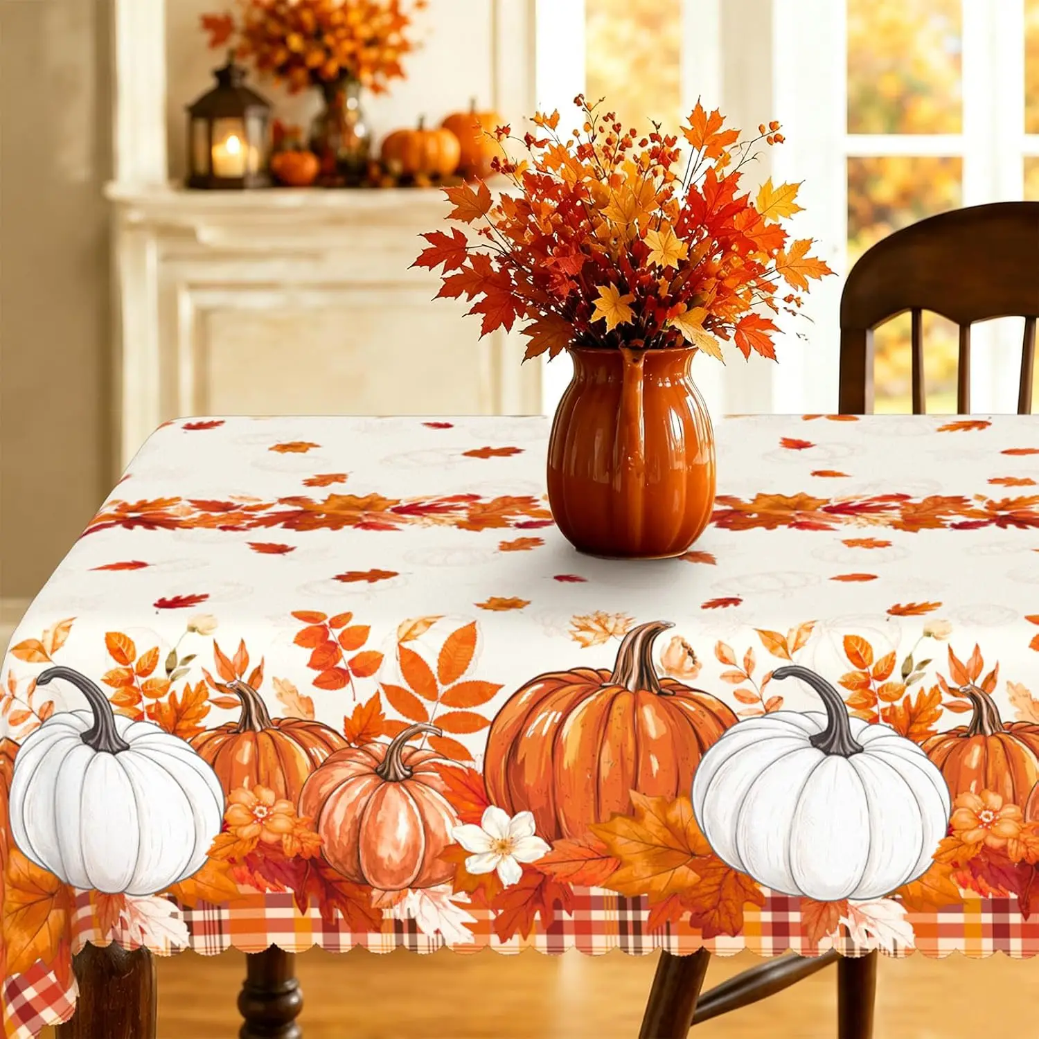 Fall Thanksgiving Pumpkin Maple Leaves Tablecloth for Table Decor Reusable Kitchen Dining Tablecloth Autumn Decorations