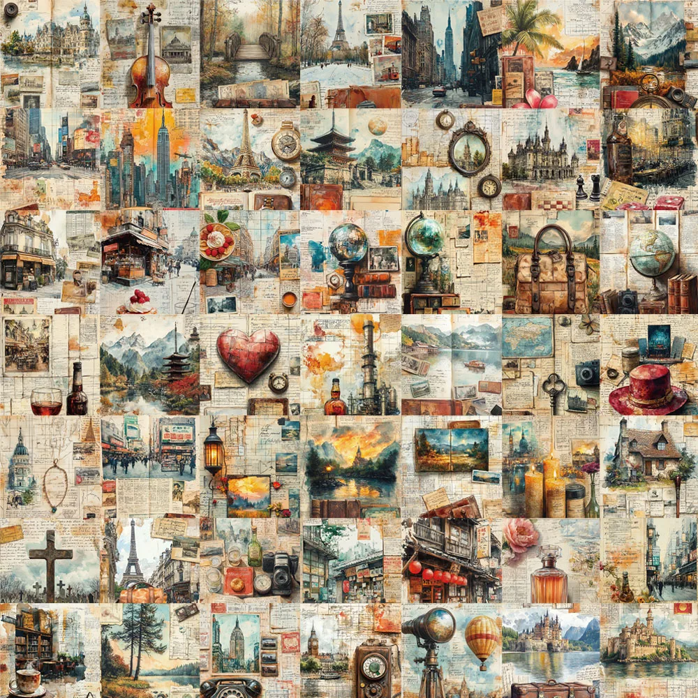 50 قطعة ملصقات صفحة مذكرات السفر الفنية الرجعية للسفر الأمتعة زجاجة ماء دفتر الغيتار المحمول الهاتف القرطاسية