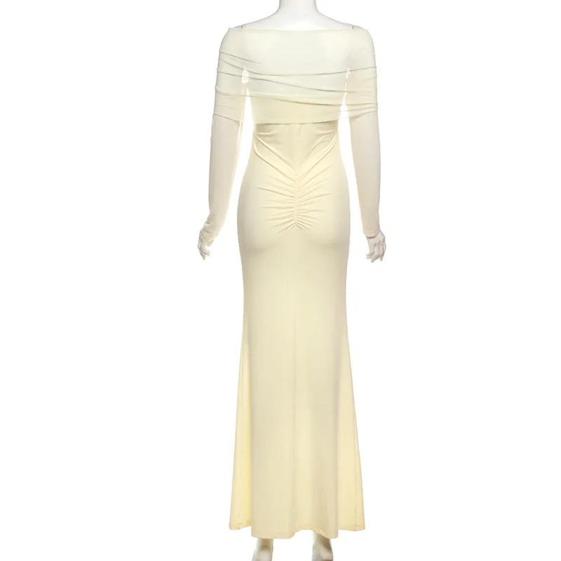 Robe longue de soirée élégante et Sexy, maille transparente, Patchwork, froncée, moulante, col en V, épaules dénudées, manches longues, creuse, vacances