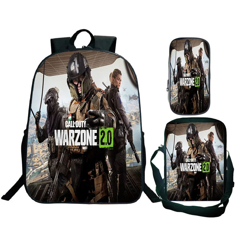 3D Call of Duty Warzone Mochila para Crianças, Bolsa de Escola, Bolsa de Ombro, Pen Case, Impermeável, Mochila de Viagem, Meninos, Meninas, 3Pcs, Conjunto