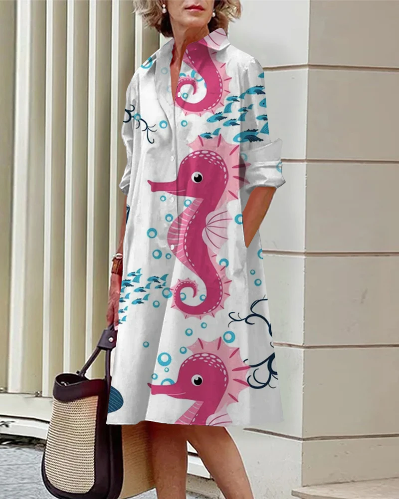 Lapel Long-Sleeved Shirt Dress Women's Sea Creature Print Knee-Length Skirt Breathable And Comfortable For Spring And Summer