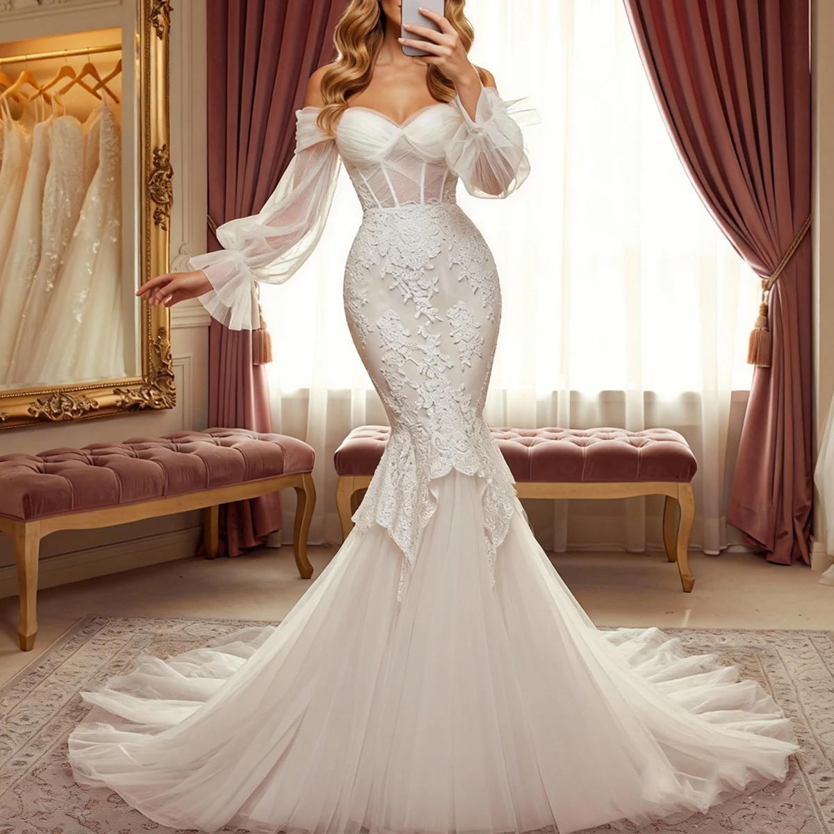 

Romantic Sheath Tulle Puffy Sleeve Wedding Dresses For Women Long Sweetheart Mermaid Bridal Party Gown With Train Vestidos Novia