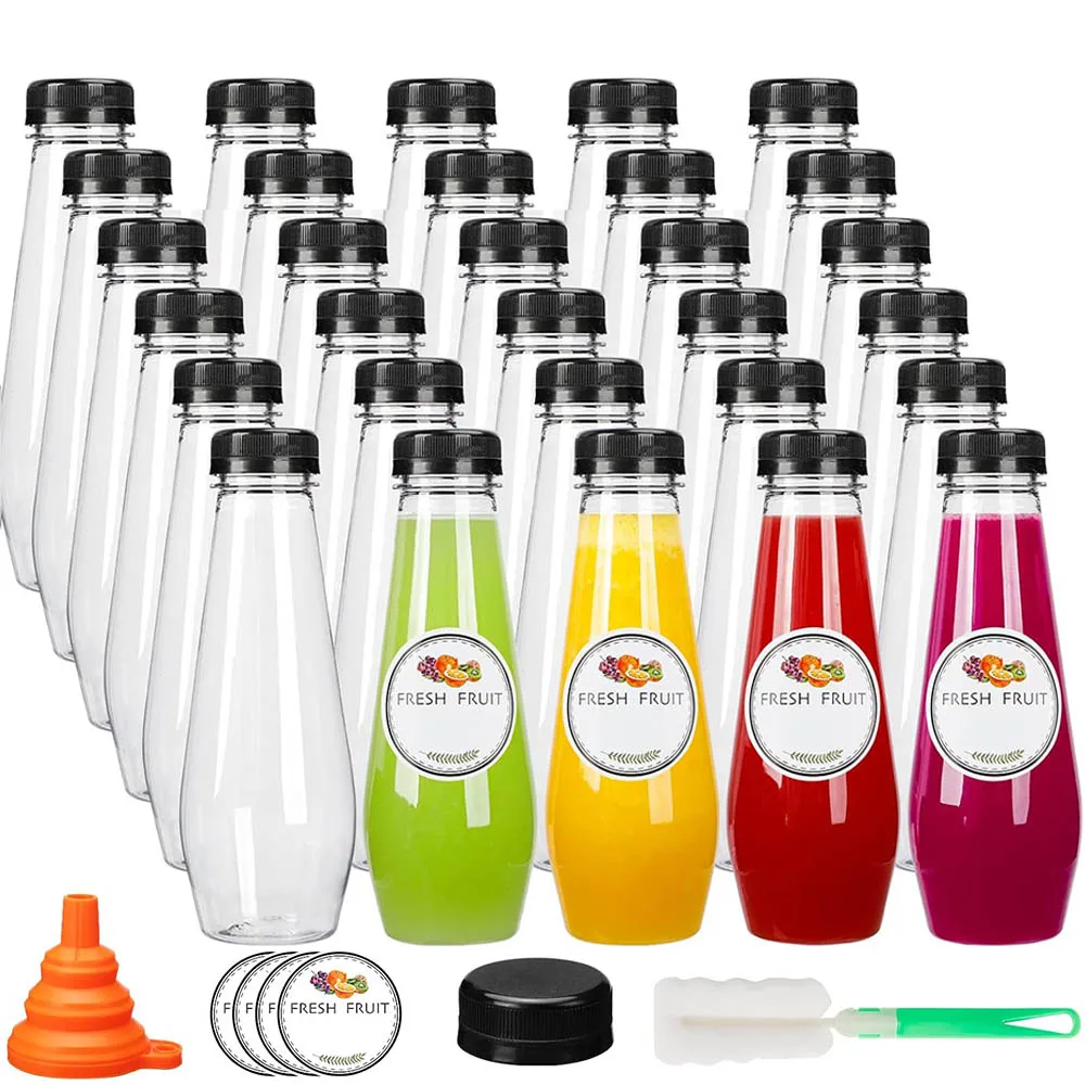 Botellas de jugo de plástico vacías de 12oz con tapas, recipientes de bebidas a granel transparentes reutilizables de cono para jugar, beber, batidos, té