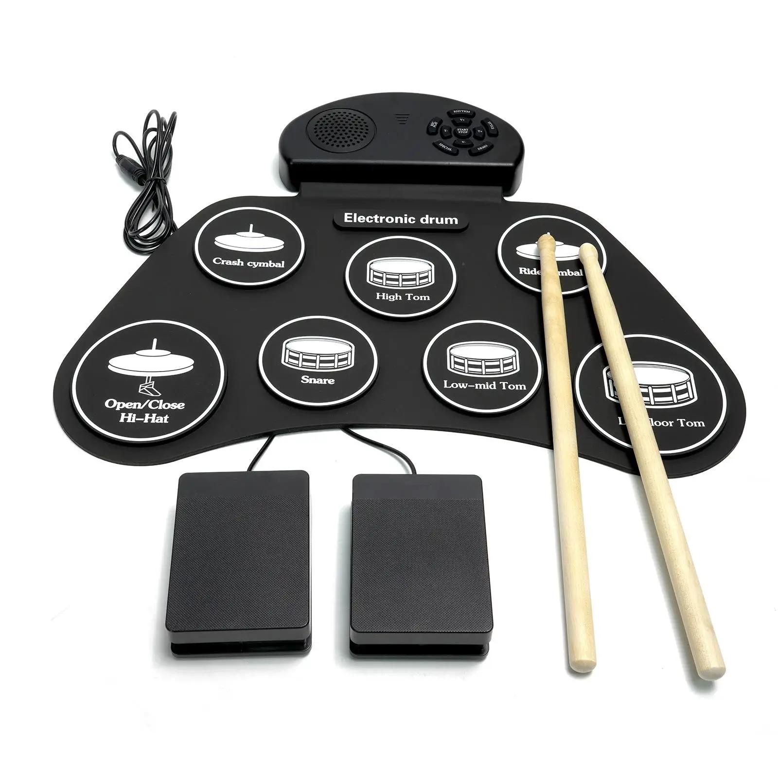 Roll Up Electronic Drum Set with Speaker Tabletop Drum Pad with Pedals Portable