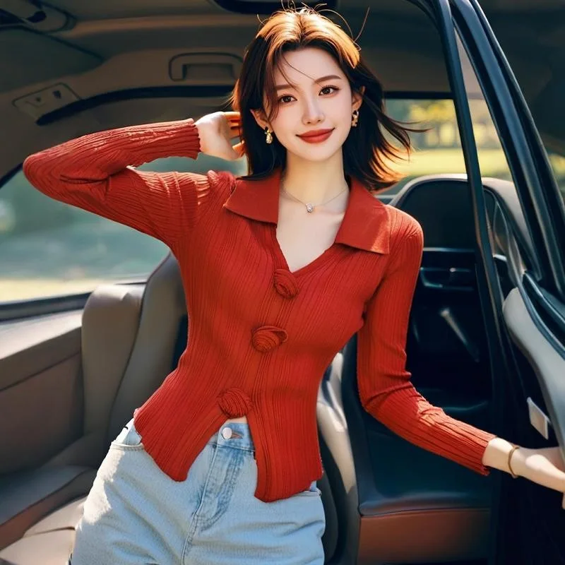 قميص قاعدة محبوك أنيق رغبة نقية أوائل الخريف النمط الفرنسي سليم صالح بولو طوق أعلى جودة TikTok Taobao المألوف #1