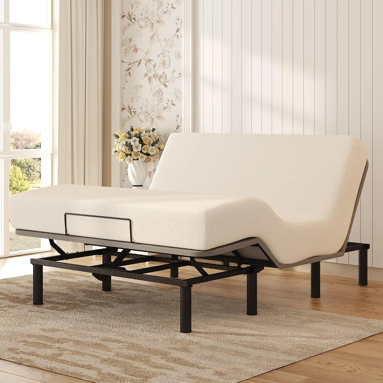 Adjustable Bed Frame Queen Size, Electric Bed Base with Head and Foot Incline, 3 Leg Height Options, Oxford Fabric Bedspread