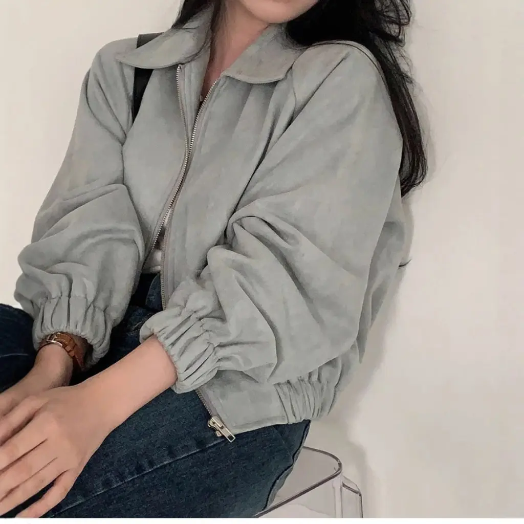 

South Korea Chic Vintage French Lapel Zipper Suede Short Jacket Coat for Women Loose All-match Long-Sleeved Autumn Wear