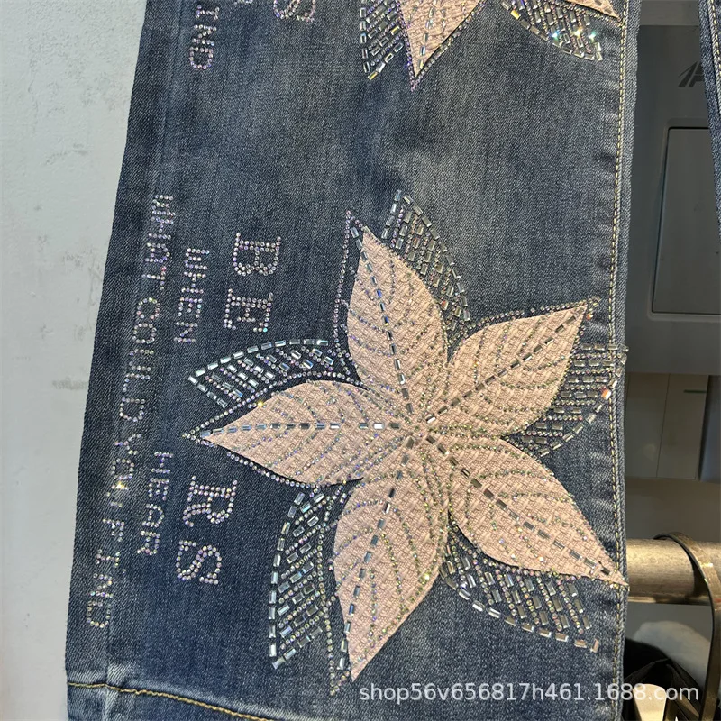 Fashionable New Spring Summer Women Denim Pants Hot Drilling Letters Embroidery Elastic Waist Casual Wide Leg Straight Jeans