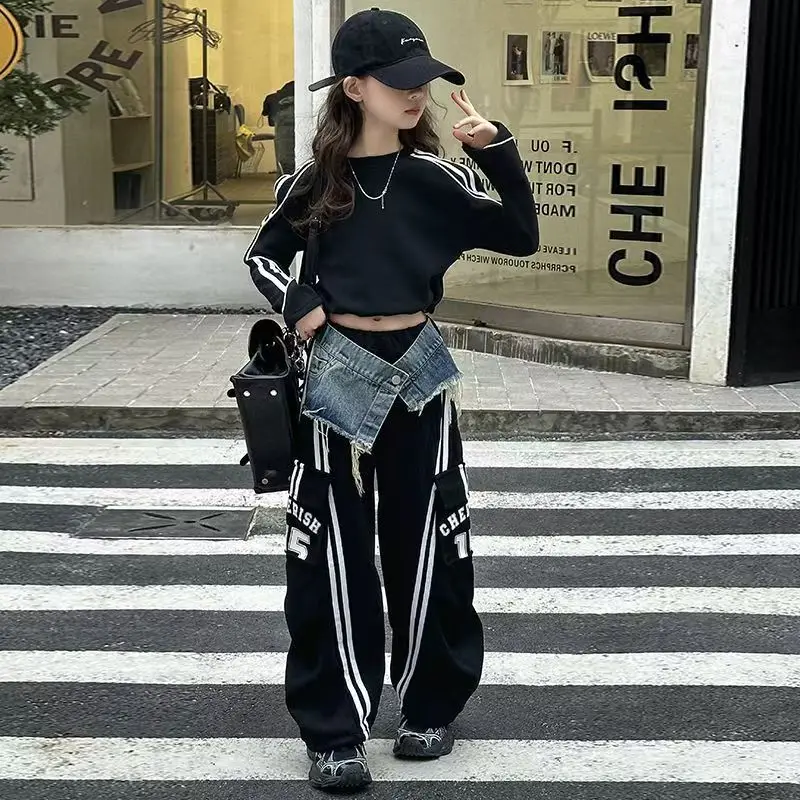 2025 spring teen girl  spliced denim drawstring work pants junior kid casual floor sports Wide leg trousers short hoodie