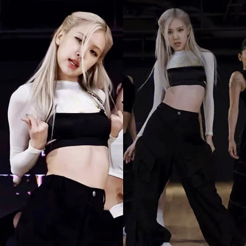 New Kpop Korean Group Jazz Dancer Long Sleeve T-shirt Slim Crop Tops Women Outfit Hip-Hop Pants Street Dance Wear Stage Costume