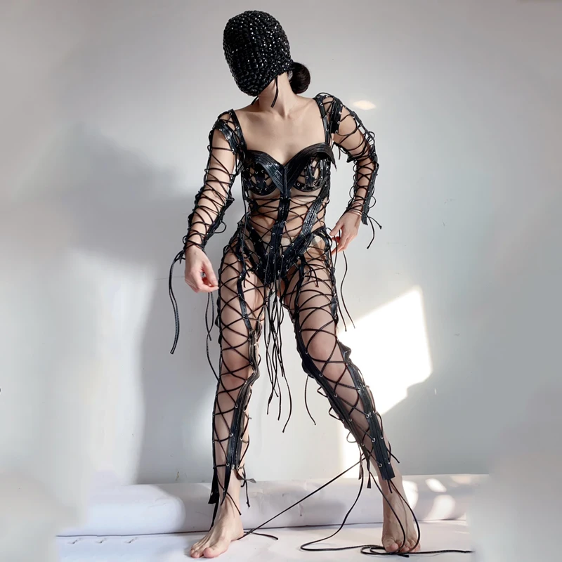 Female Singer New Black Bandage Hollow Jumpsuit Bodysuit Prom Party Outfit Nightclub Stage Show Performance Wear