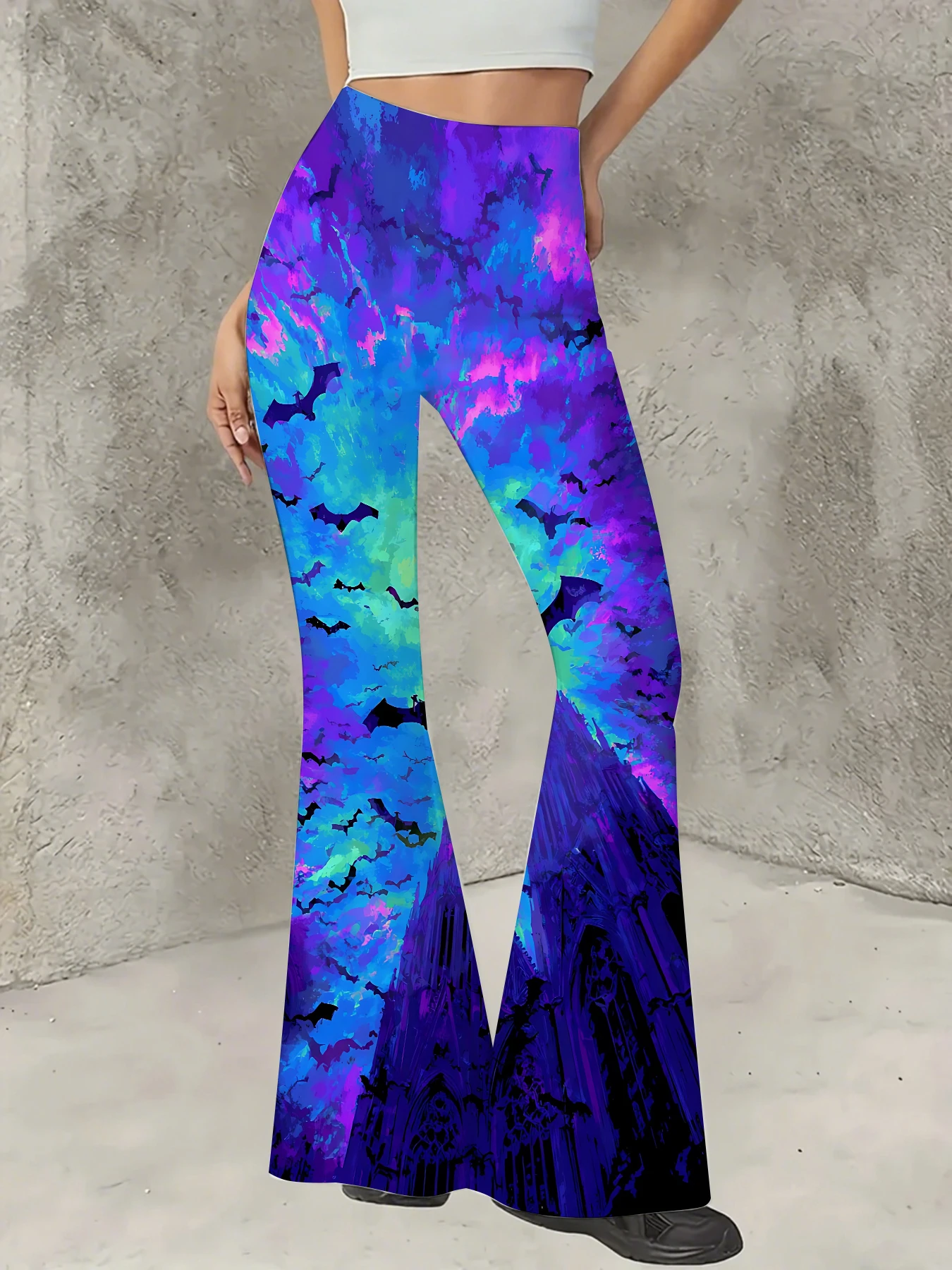 

Women's Striped Print Flare Pants Loose Fit Knit Wide Leg Bell Bottom Trousers