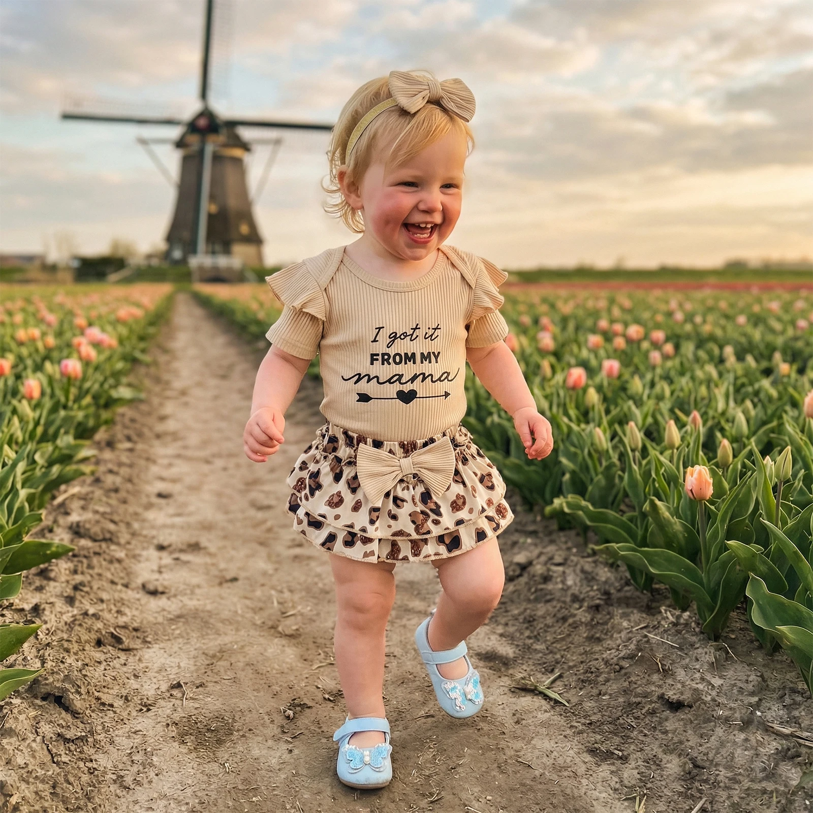 

Infant Baby Girl Summer Outfit Cute Short Sleeve Letters Print Romper with Leopard Print Skirts Headband 3Pcs Set