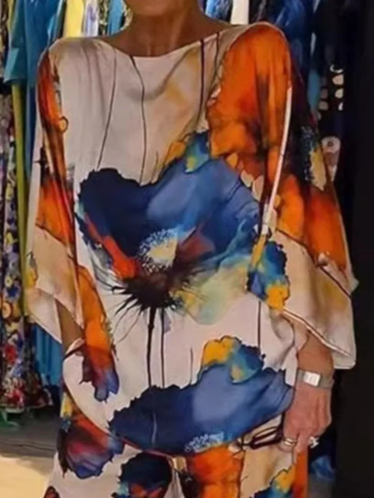 

Women Casual 2 Pieces Sets Summer Fashion Printed Female Loose O Neck Top Wide Leg Long Pants Outfit Comfort Vintage Clothing