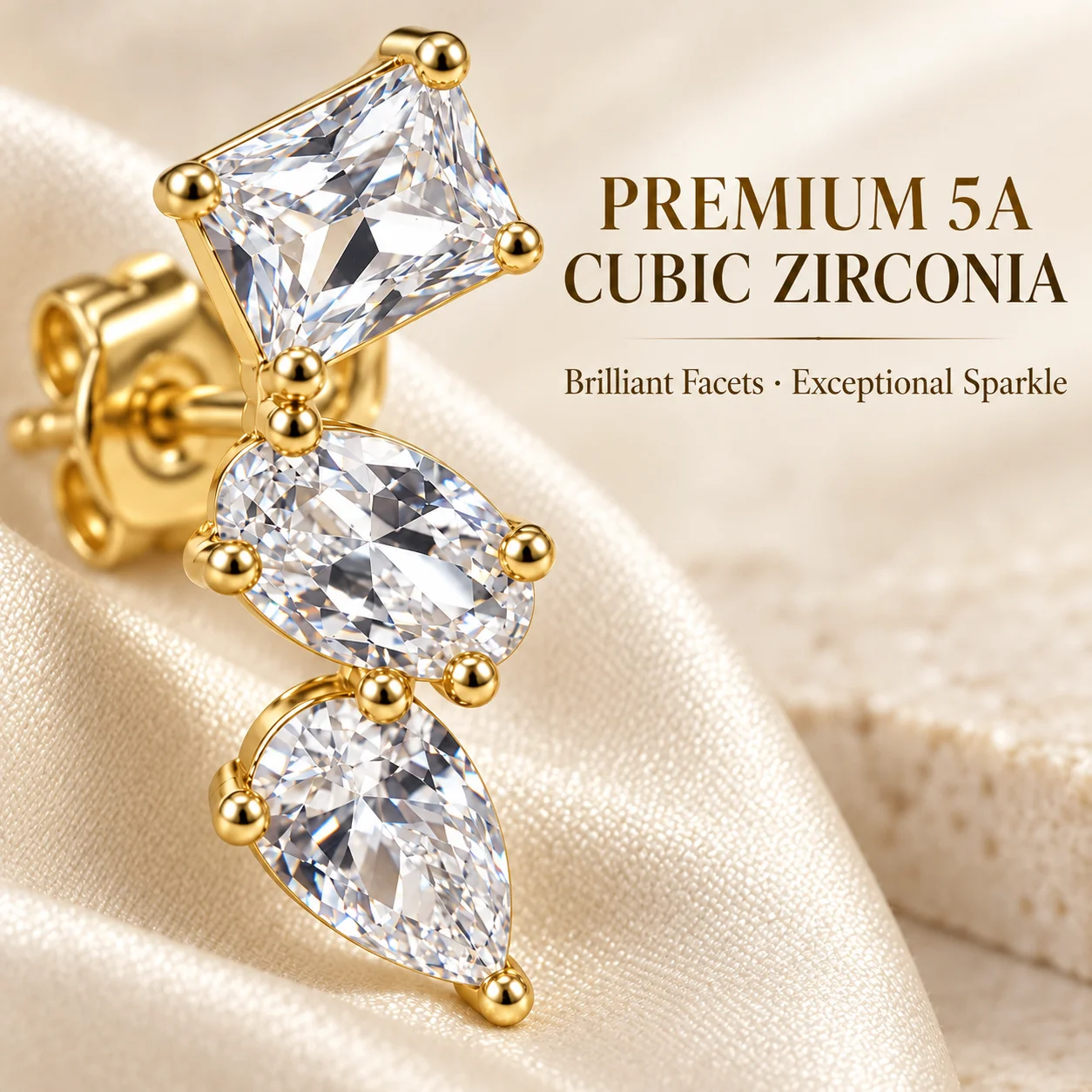 Moonmory Geometrische Drei-Stein-CZ-Ohrstecker für Damen 5A Ovaler Birnen-Zirkon Messing 14K Gold Doppelt Vergoldeter Schmuck Großhandel – Detail 4