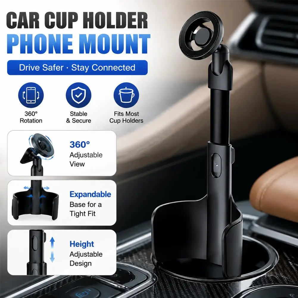 2-in-1 Verstellbarer Auto-Getränkehalter Magnetische Telefonhalterung 360° Drehbarer Ständer Teleskop-Halterung Auto-Zubehör – Detail 5