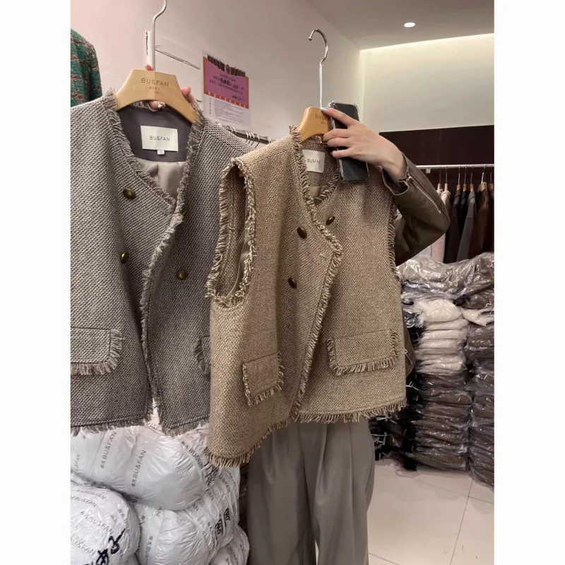 

Французский шикарный твидовый жилет с бахромой | Женский топ без рукавов Fall Bouclé 2025 года