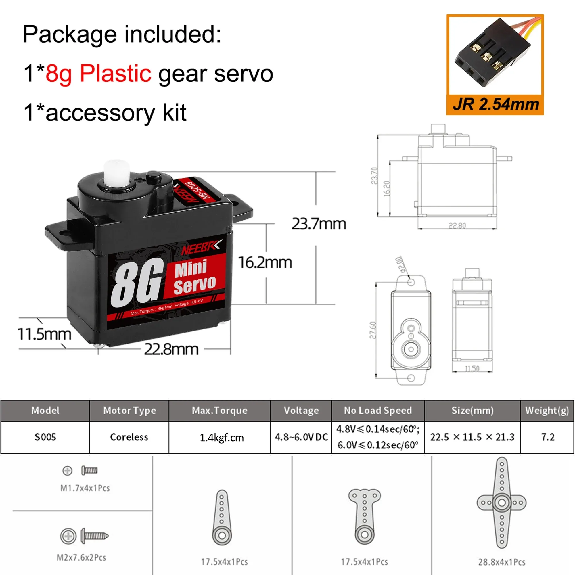NEEBRC Coreless Motor 8G Micro Digital Standard Servo JR Plug 4.8~6.0V for RC Car Truck Airplane Fixed-Wing Boat Toy Accessories