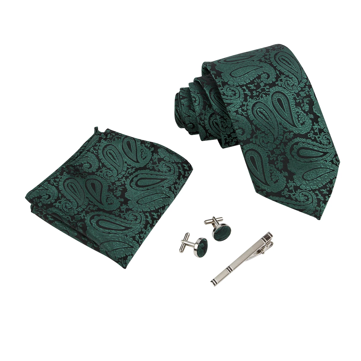 

Ikepeibao Men Paisley Necktie Sets Pocket Square Metal Cufflinks and Clip Sets Black Formal Clothing Geometric Hombre Dark Green