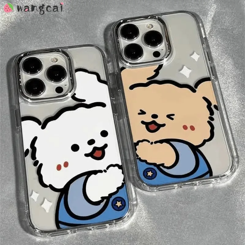 For iPhone 16 15 14 Plus 13 12 11 Pro Max X XR XS Max 8 7 Plus Phone Case Cartoon Puppy Clear Electroplated Funny Couple Cover