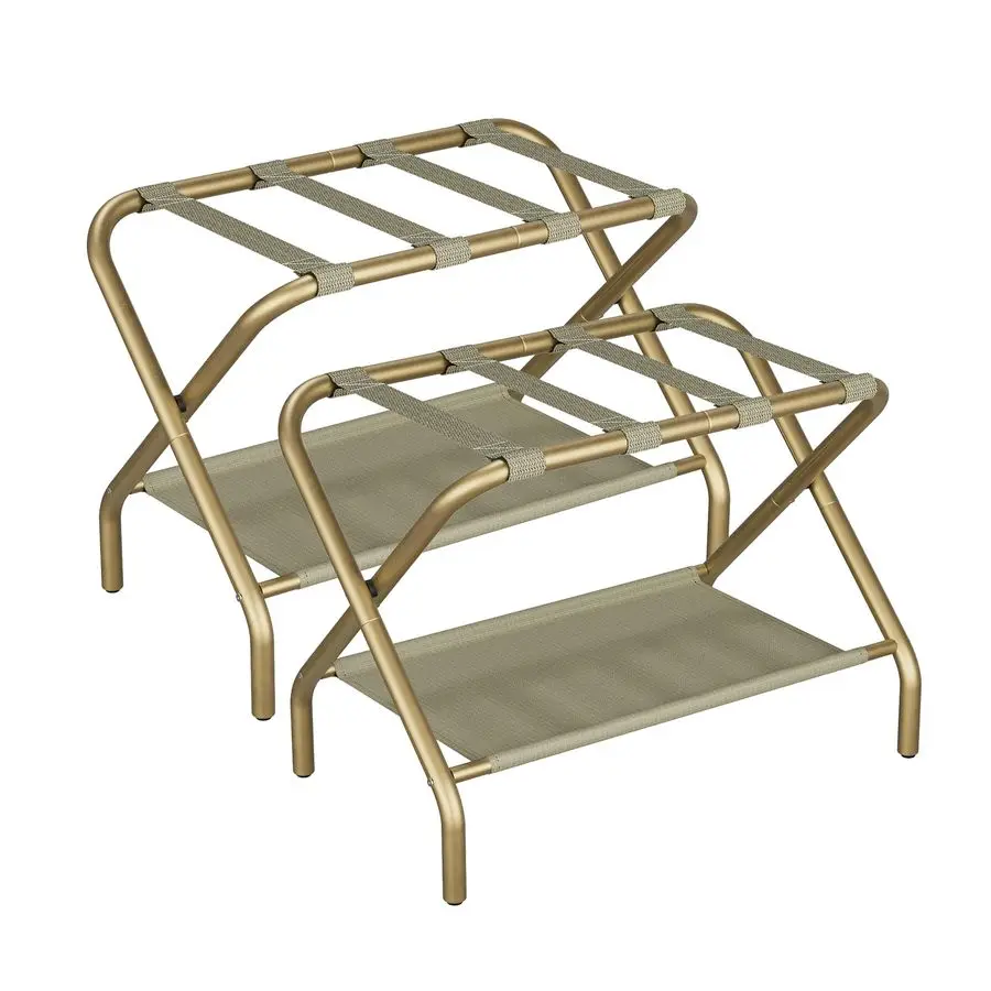 

Набор из 2 золотых подставок для багажа, складная подставка для чемоданов с тканевой полкой для хранения, держатель для багажа с 4 нейлоновыми ремнями для отелей