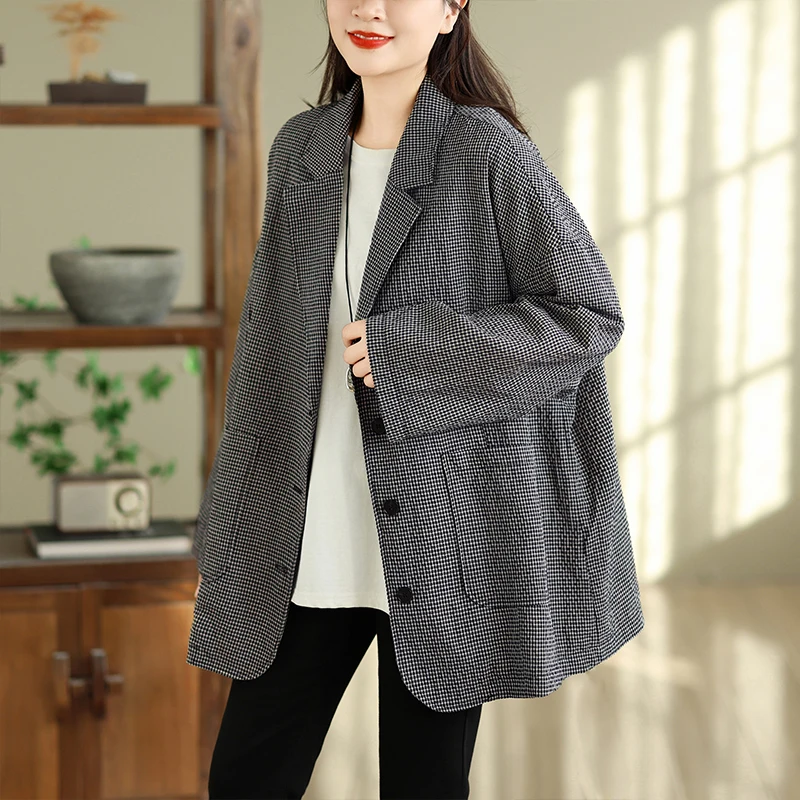 Retro Checkered Casual Suit Loose plus Size Silhouette Relaxed Slimming Outerwear with  Cotton Long Sleeve Button up Top