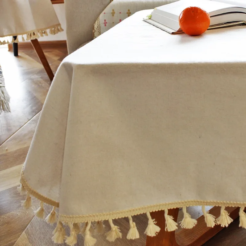 French Country Style Solid Color Tablecloth Beige with Lace Edging Living Room Dining Room Table Decor Cover