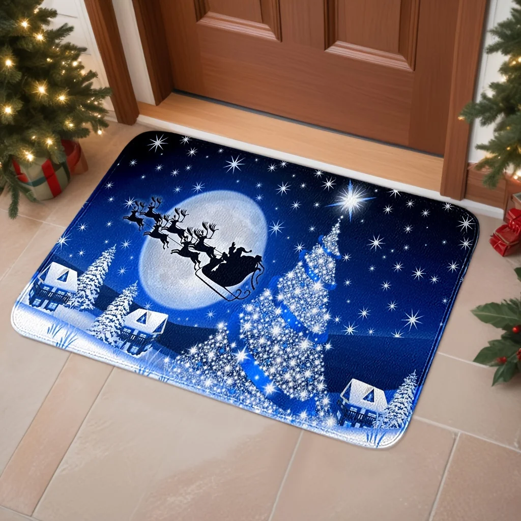 Christmas Blue Reindeer Santa Design Entrance Doormat Home Decor Bedroom Door Mat Carpet for Living Room Christmas Decorations