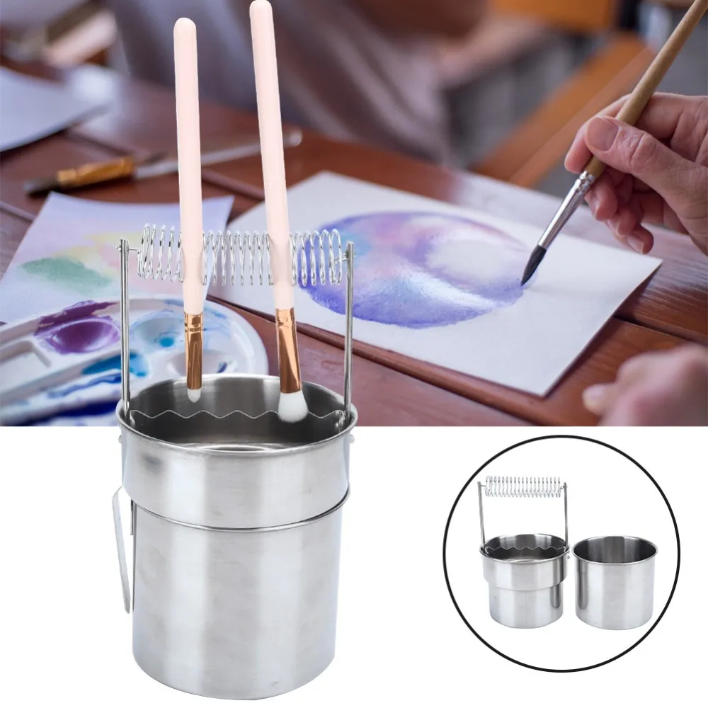 

Large Capacity Double-layer Stainless Steel Artist Brush Washer Sturdy Built-in Filter Structure Painter Cup Pencil Holding Slot