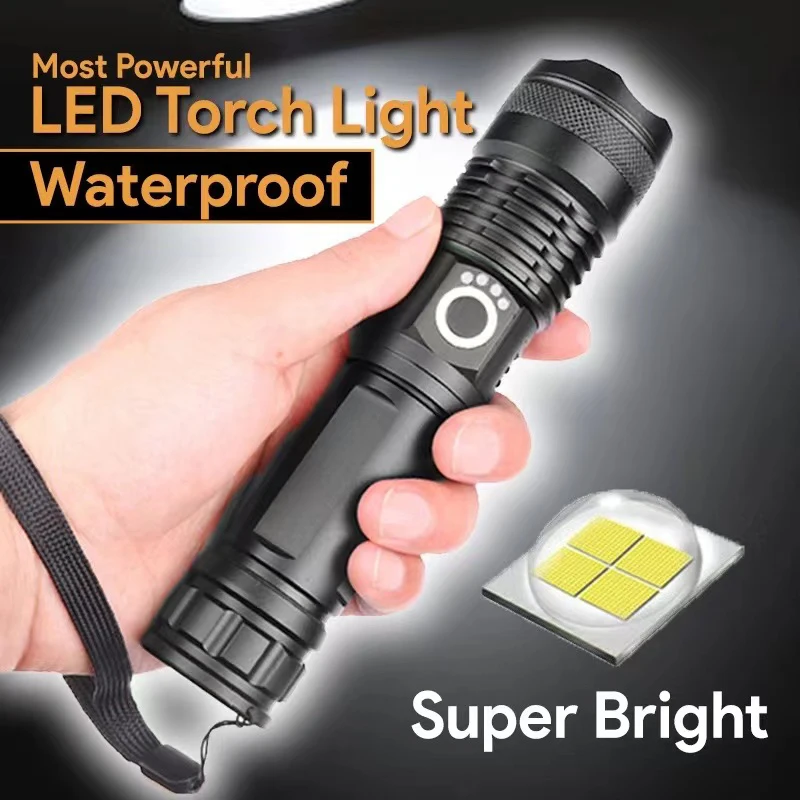 

High Power XHP100 Led Flashlight Rechargeable 4 Core Torch Zoom Usb Hand Lantern For Camping, Outdoor & Emergency Use